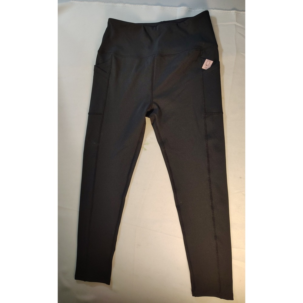 LEG3ND Womens High Waisted Athletic Leggings Black Side Phone Pockets Large